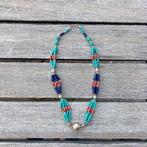Sterling Silver Turquoise and Red Beaded Necklace